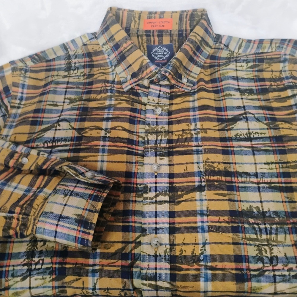 St Johns Bay Mens Large Performance Plaid Mountain Scenic Shirt Stretch Mustard